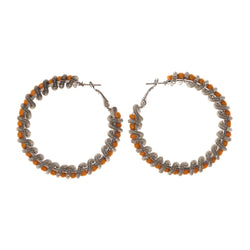 Silver-Tone & Orange Colored Metal Hoop-Earrings With Bead Accents #LQE1797