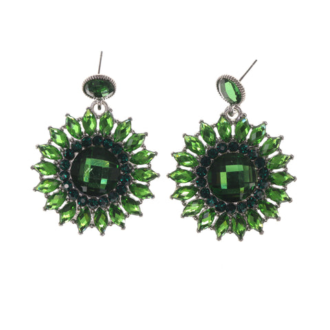 Green & Silver-Tone Metal -Dangle-Earrings Crystal Accents #LQE1806