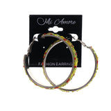 Green & Silver-Tone Colored Metal Hoop-Earrings With Bead Accents #LQE1838