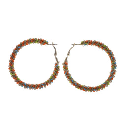 Orange & Silver-Tone Colored Metal Hoop-Earrings With Bead Accents #LQE1839
