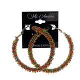 Orange & Silver-Tone Colored Metal Hoop-Earrings With Bead Accents #LQE1839