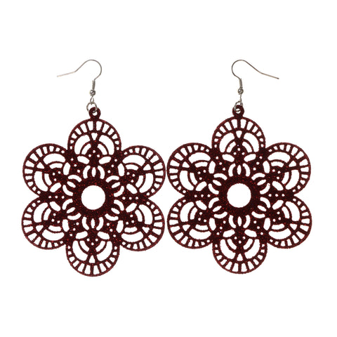 Glitter Sparkle Flower Dangle-Earrings Red Color #LQE1851