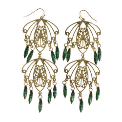 Gold-Tone & Green Colored Metal Dangle-Earrings With Crystal Accents #LQE1871
