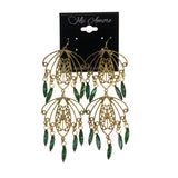 Gold-Tone & Green Colored Metal Dangle-Earrings With Crystal Accents #LQE1871