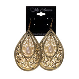 Gold-Tone & White Colored Metal Dangle-Earrings With Bead Accents #LQE1872