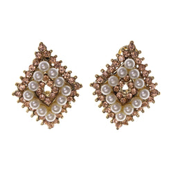 Gold-Tone & White Colored Metal Stud-Earrings With Crystal Accents #LQE1896