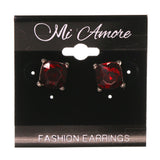 Red & Silver-Tone Colored Metal Stud-Earrings With Crystal Accents #LQE1897