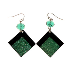 Green & Black Colored Acrylic Dangle-Earrings With Bead Accents #LQE1904