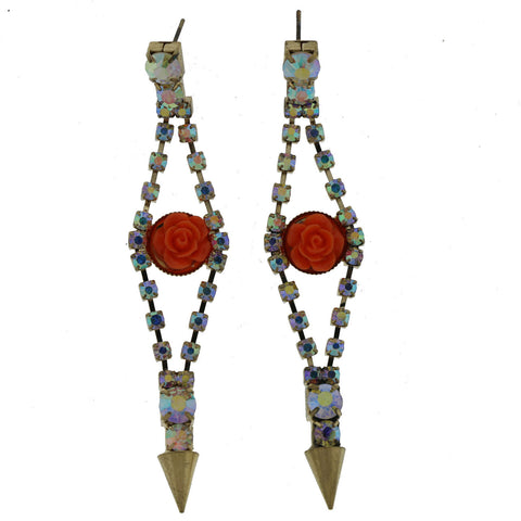 Metal Dangle-Earrings With Crystal Accents Orange & Gold-Tone