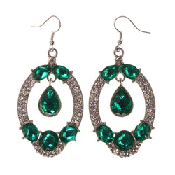Silver-Tone & Green Colored Metal Dangle-Earrings With Crystal Accents #LQE1940
