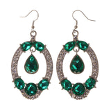 Silver-Tone & Green Colored Metal Dangle-Earrings With Crystal Accents #LQE1940