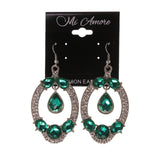 Silver-Tone & Green Colored Metal Dangle-Earrings With Crystal Accents #LQE1940