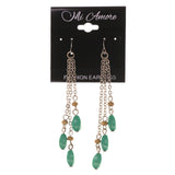 Silver-Tone & Green Colored Metal Dangle-Earrings With Bead Accents #LQE1947