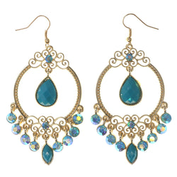 Gold-Tone & Blue Colored Metal Dangle-Earrings With Crystal Accents #LQE1950