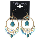 Gold-Tone & Blue Colored Metal Dangle-Earrings With Crystal Accents #LQE1950