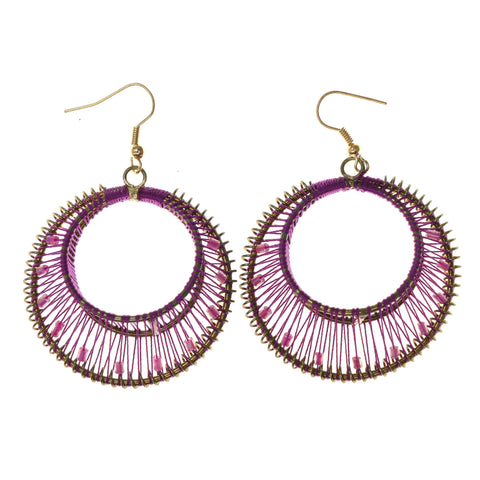Purple & Gold-Tone Colored Fabric Dangle-Earrings With Bead Accents #LQE1958