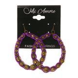 Gold-Tone & Purple Colored Metal Dangle-Earrings With Bead Accents #LQE1959