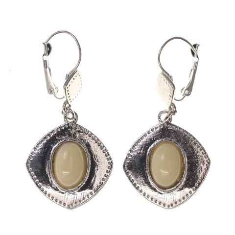 Silver-Tone & White Colored Metal Dangle-Earrings With Bead Accents #LQE1961