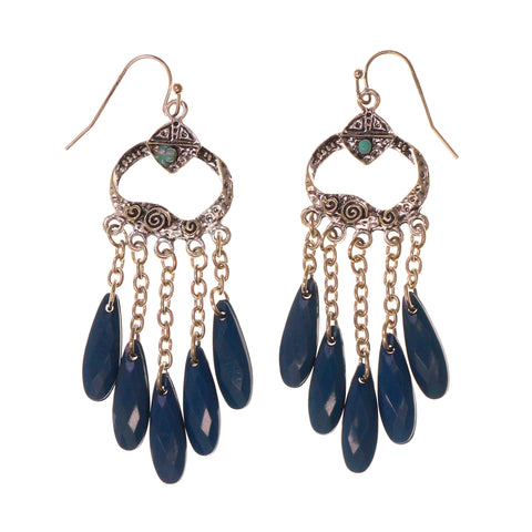 Silver-Tone & Blue Colored Metal Dangle-Earrings With Bead Accents #LQE1969