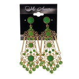 Gold-Tone & Green Metal -Dangle-Earrings Crystal Accents #LQE1970