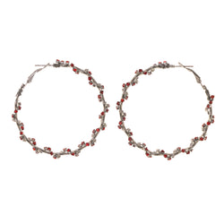 Silver-Tone & Red Colored Metal Hoop-Earrings With Crystal Accents #LQE1975