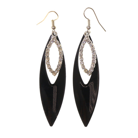 Black & Silver-Tone Colored Metal Dangle-Earrings With Crystal Accents #LQE1992