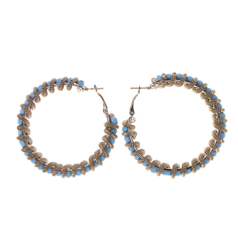 Silver-Tone & Blue Colored Metal Hoop-Earrings With Bead Accents #LQE2025