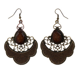 Gold-Tone & Brown Colored Metal Dangle-Earrings With Stone Accents #LQE2048