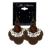 Gold-Tone & Brown Colored Metal Dangle-Earrings With Stone Accents #LQE2048