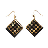 Gold-Tone & Black Colored Metal Dangle-Earrings With Crystal Accents #LQE2073