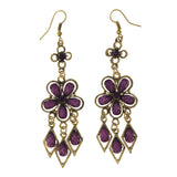 Purple & Gold-Tone Colored Metal Dangle-Earrings With Stone Accents #LQE2079