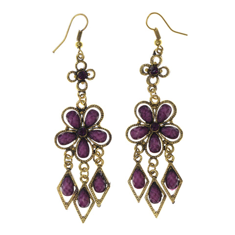 Purple & Gold-Tone Colored Metal Dangle-Earrings With Stone Accents #LQE2079