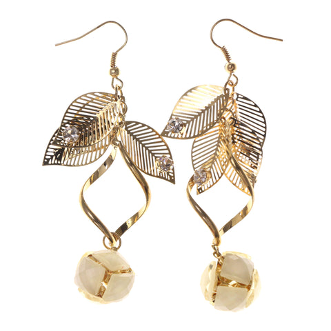 Gold-Tone & White Colored Metal Dangle-Earrings With Crystal Accents #LQE2087