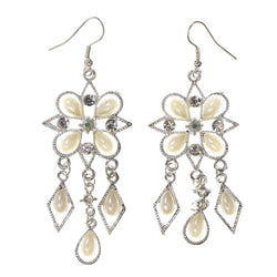White & Silver-Tone Colored Metal Dangle-Earrings With Crystal Accents #LQE2088