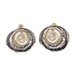 Silver-Tone & White Colored Metal Stud-Earrings With Bead Accents #LQE2093