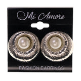 Silver-Tone & White Colored Metal Stud-Earrings With Bead Accents #LQE2093