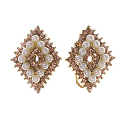 Peach & White Colored Metal Stud-Earrings With Crystal Accents #LQE2094
