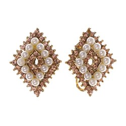 Peach & White Colored Metal Stud-Earrings With Crystal Accents #LQE2097