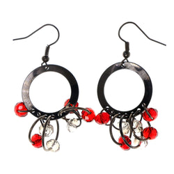 Silver-Tone & Red Colored Metal Dangle-Earrings With Bead Accents #LQE2098