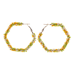 Green & Yellow Colored Metal Hoop-Earrings With Bead Accents #LQE2104