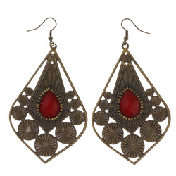 Gold-Tone & Red Colored Metal Dangle-Earrings With Bead Accents #LQE2133