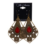 Gold-Tone & Red Colored Metal Dangle-Earrings With Bead Accents #LQE2133