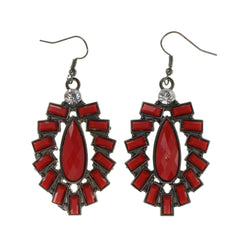 Silver-Tone & Red Colored Metal Dangle-Earrings With Crystal Accents #LQE2136