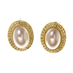 Gold-Tone & White Colored Metal Stud-Earrings With Bead Accents #LQE2164