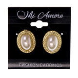 Gold-Tone & White Colored Metal Stud-Earrings With Bead Accents #LQE2164