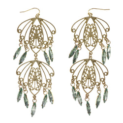 Gold-Tone & Green Colored Metal Dangle-Earrings With Crystal Accents #LQE2197