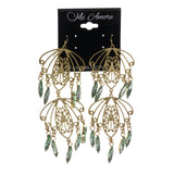 Gold-Tone & Green Colored Metal Dangle-Earrings With Crystal Accents #LQE2197