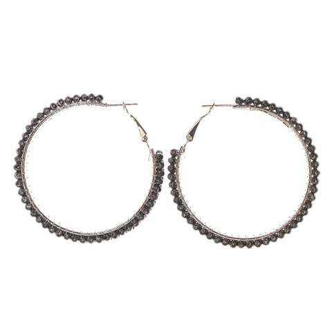 Silver-Tone & Black Colored Metal Hoop-Earrings With Bead Accents #LQE2214