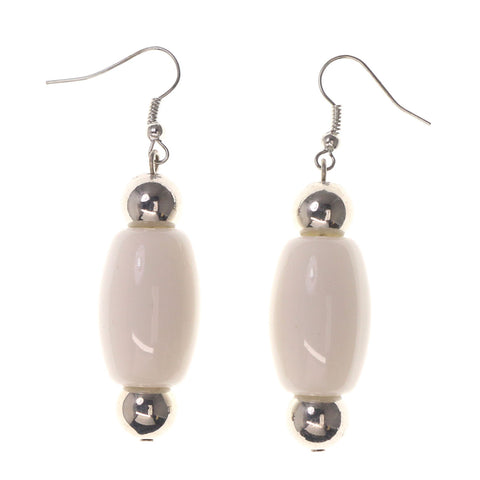White & Silver-Tone Colored Metal Dangle-Earrings With Bead Accents #LQE2233