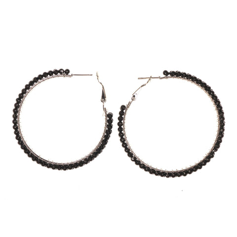 Black & Silver-Tone Colored Metal Hoop-Earrings With Bead Accents #LQE2237